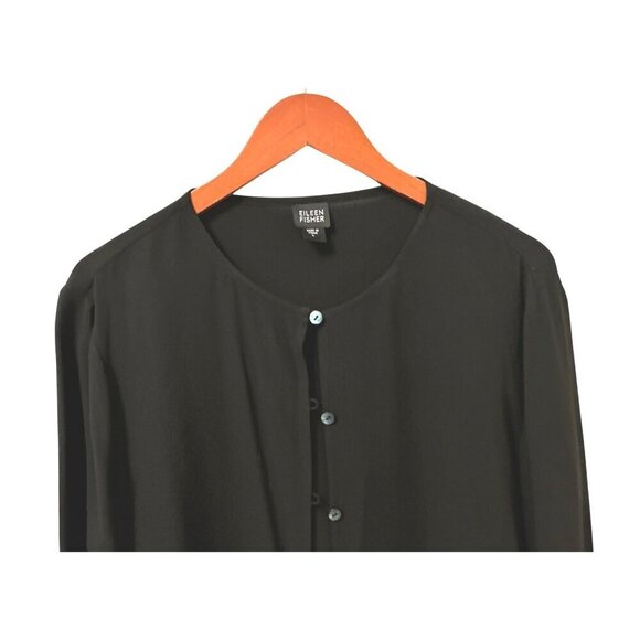 Eileen Fisher 100% Silk Black Button-Up Cardigan Blouse Long Sleeve Size Large - Picture 2 of 7